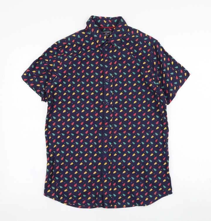 Cargo Quay Mens Blue  Cotton  Button-Up Size S Collared Button - Christmas Tree