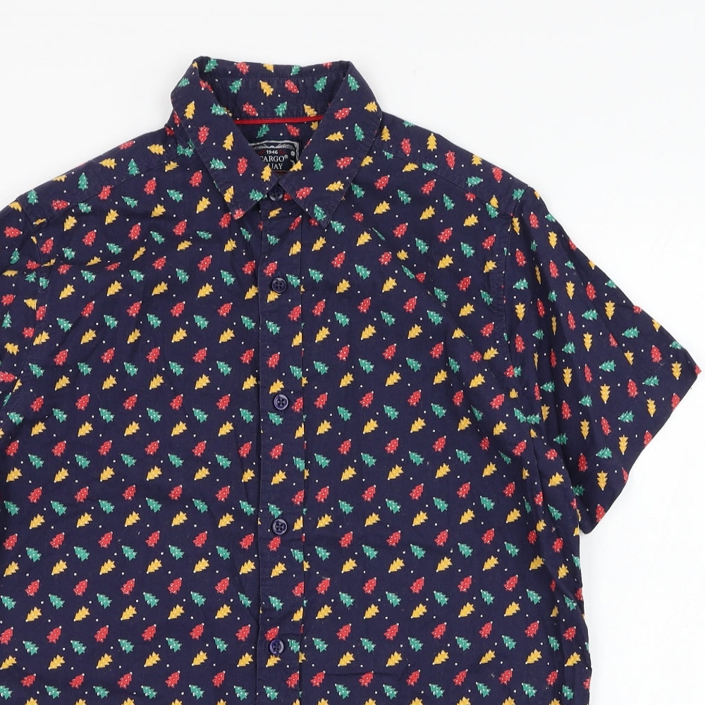 Cargo Quay Mens Blue  Cotton  Button-Up Size S Collared Button - Christmas Tree