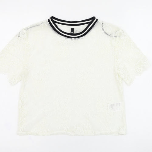 H&M Womens White  Polyamide Basic T-Shirt Size XS Round Neck - Lace