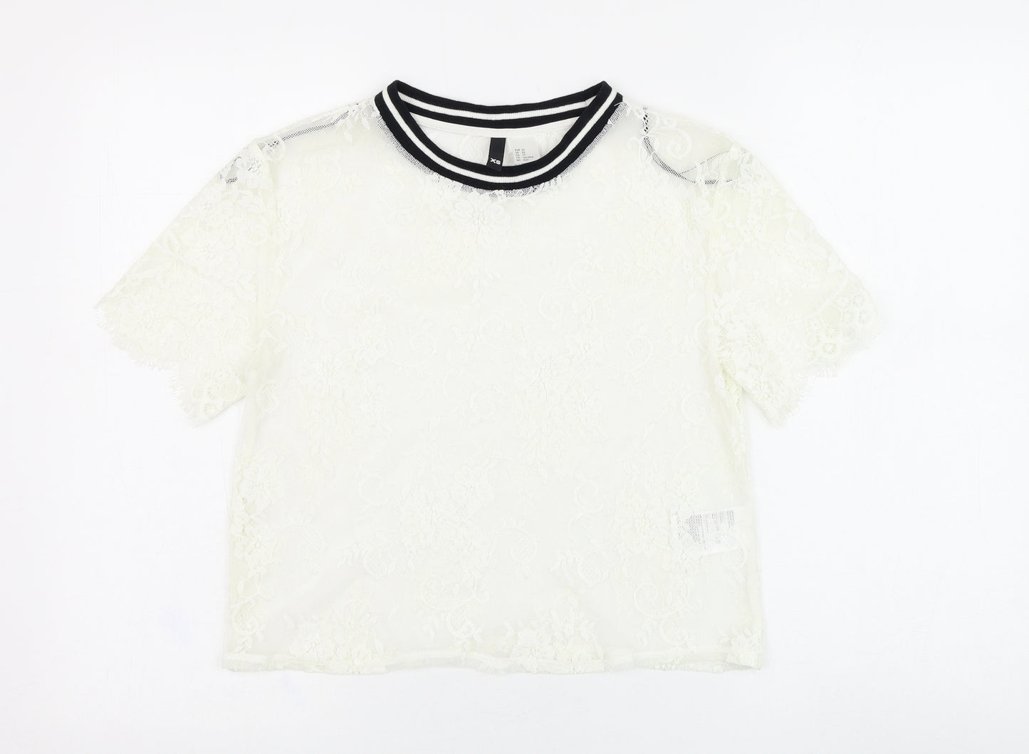 H&M Womens White  Polyamide Basic T-Shirt Size XS Round Neck - Lace