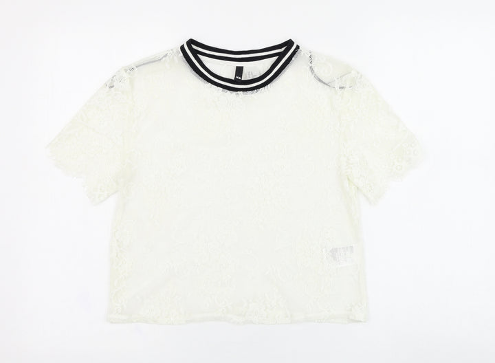 H&M Womens White  Polyamide Basic T-Shirt Size XS Round Neck - Lace