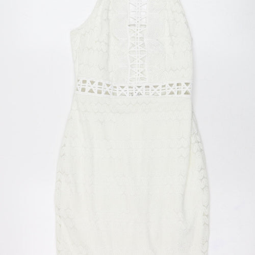 Topshop Womens Ivory  Nylon Pencil Dress  Size 8  Square Neck Hook & Loop