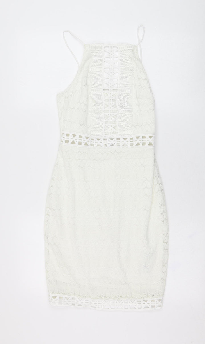 Topshop Womens Ivory  Nylon Pencil Dress  Size 8  Square Neck Hook & Loop