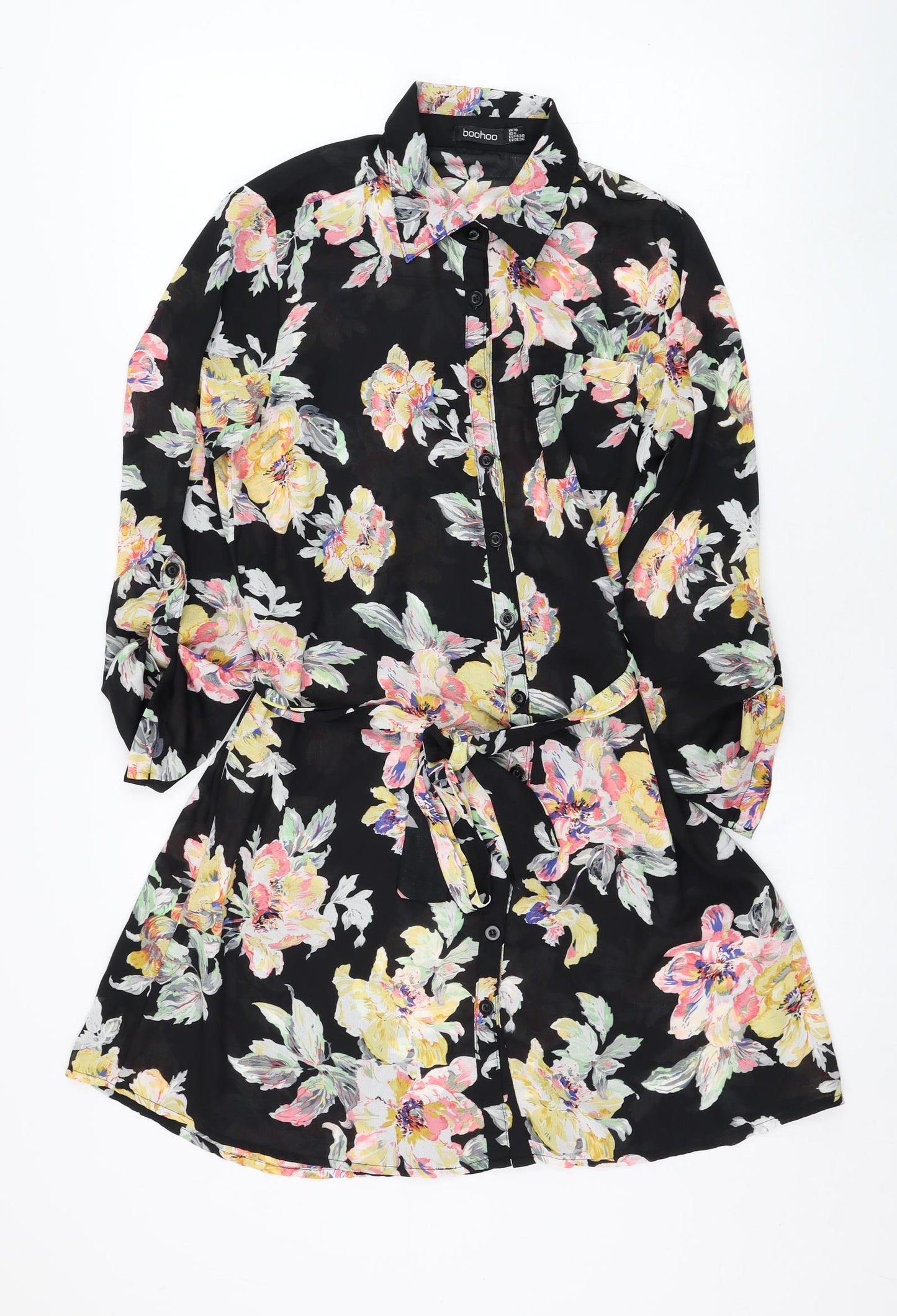 Boohoo Womens Black Floral Polyester Shirt Dress  Size 10  Collared Button