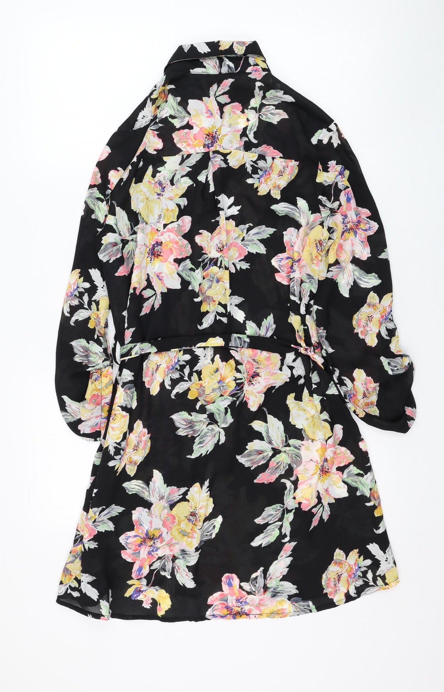 Boohoo Womens Black Floral Polyester Shirt Dress  Size 10  Collared Button