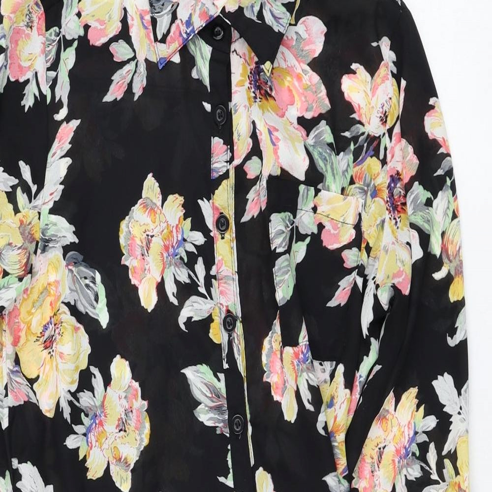 Boohoo Womens Black Floral Polyester Shirt Dress  Size 10  Collared Button