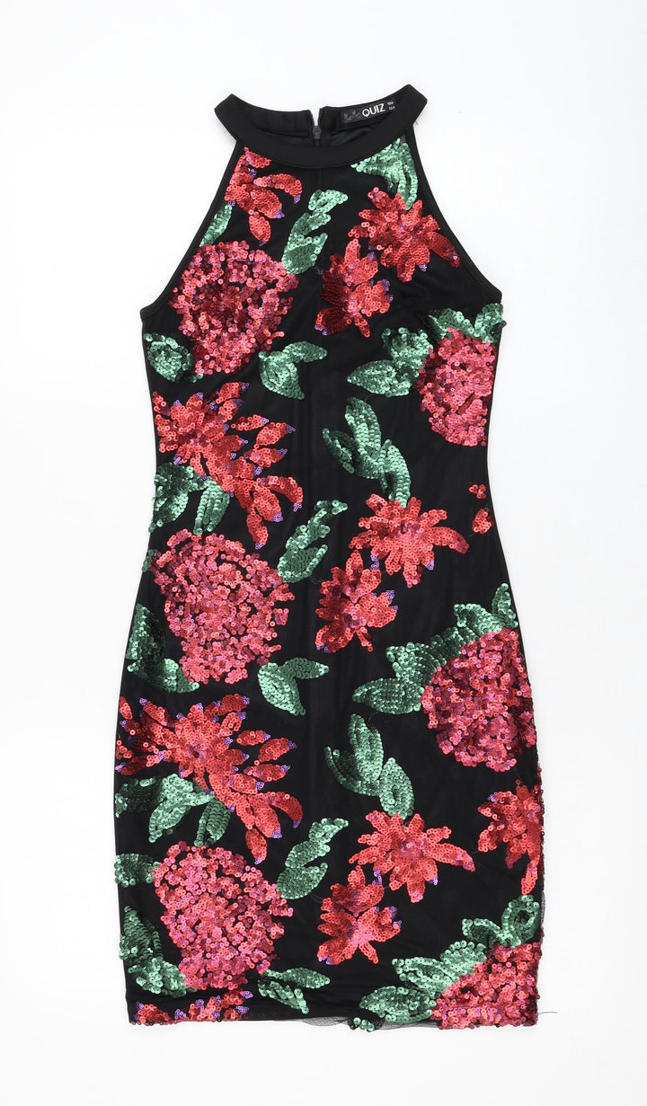 Quiz Womens Black Floral Polyester Pencil Dress  Size 6  Halter Zip