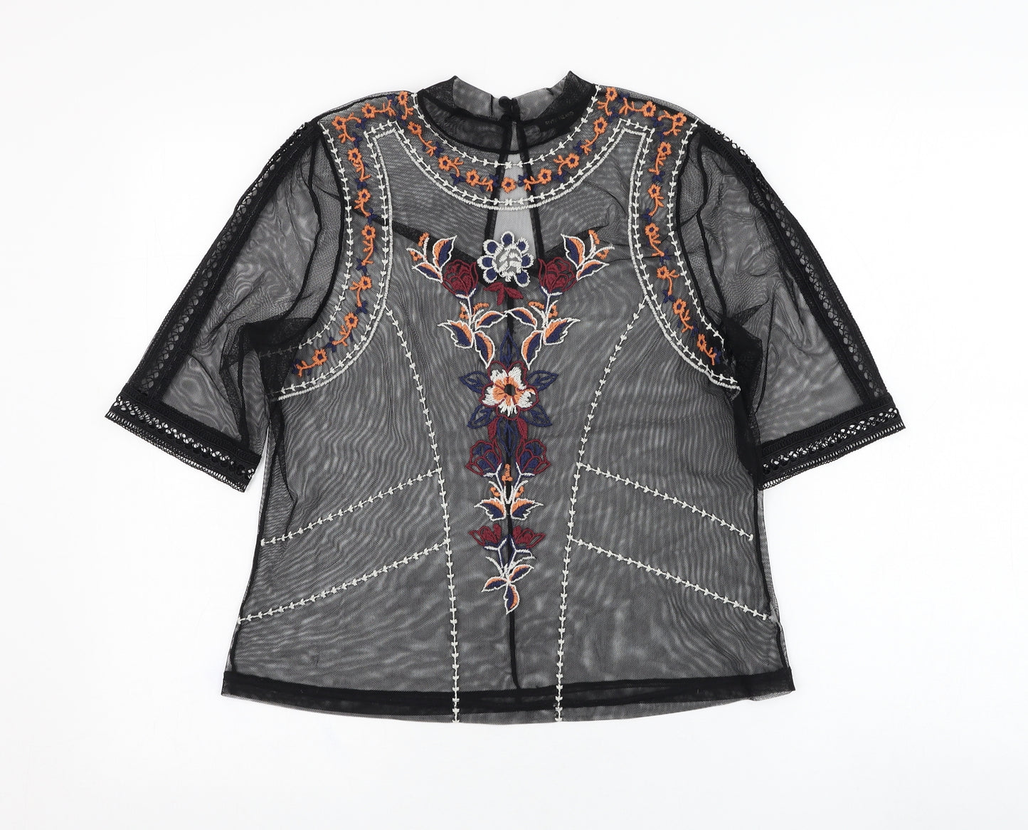 River Island Womens Black Floral Polyester Basic T-Shirt Size 10 Round Neck - Mesh