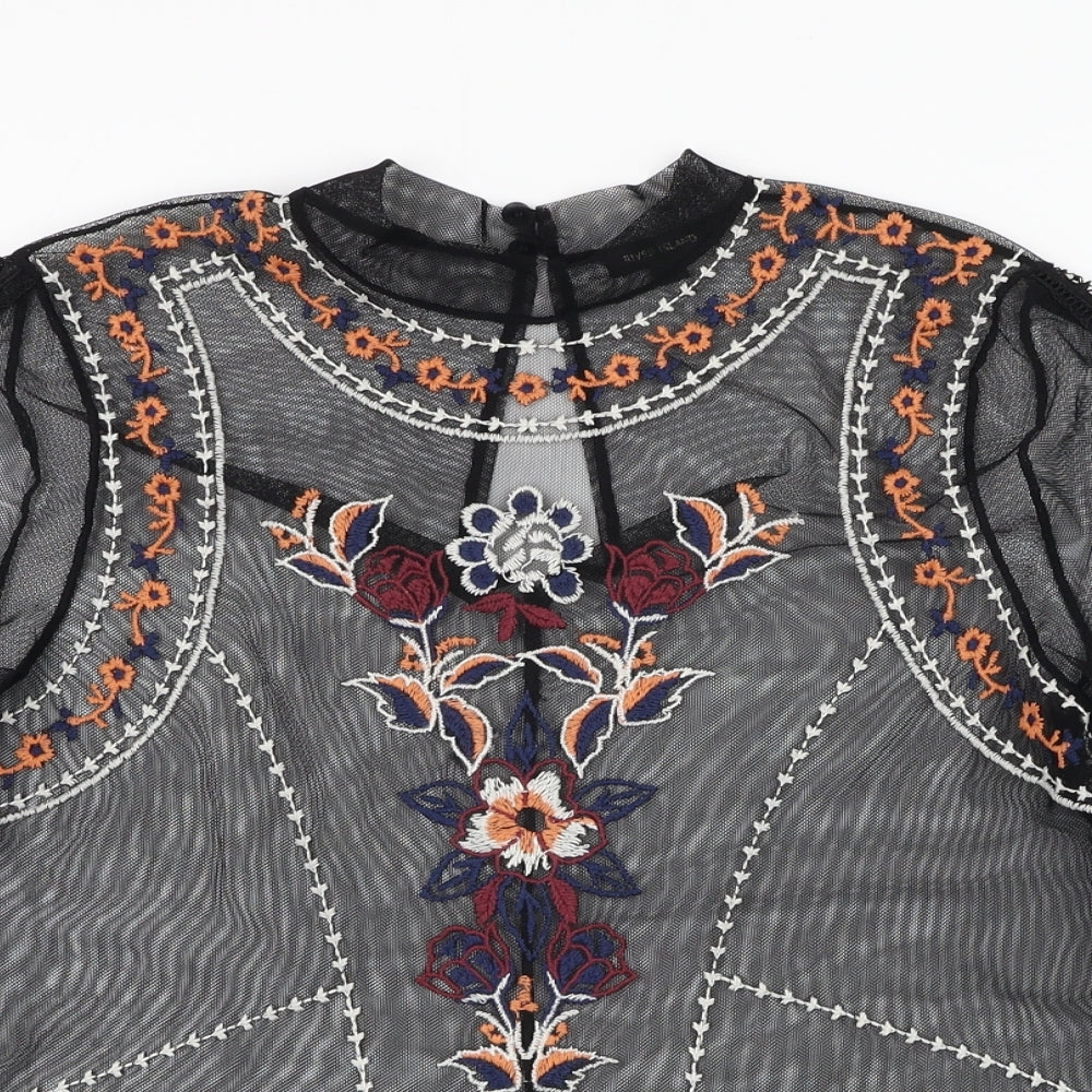 River Island Womens Black Floral Polyester Basic T-Shirt Size 10 Round Neck - Mesh