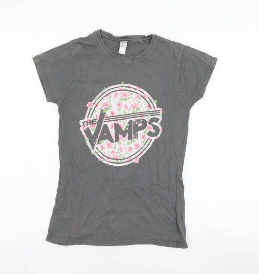 Front view of Gildan women’s grey cotton basic t-shirt, size S, round neck - the vamps