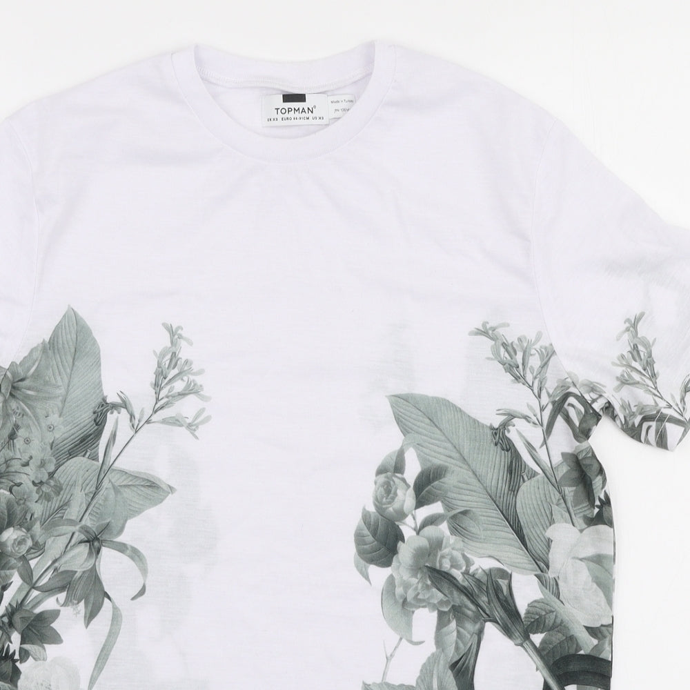 Topman Mens White Floral Polyester  T-Shirt Size XS Round Neck
