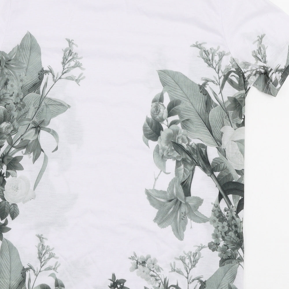 Topman Mens White Floral Polyester  T-Shirt Size XS Round Neck