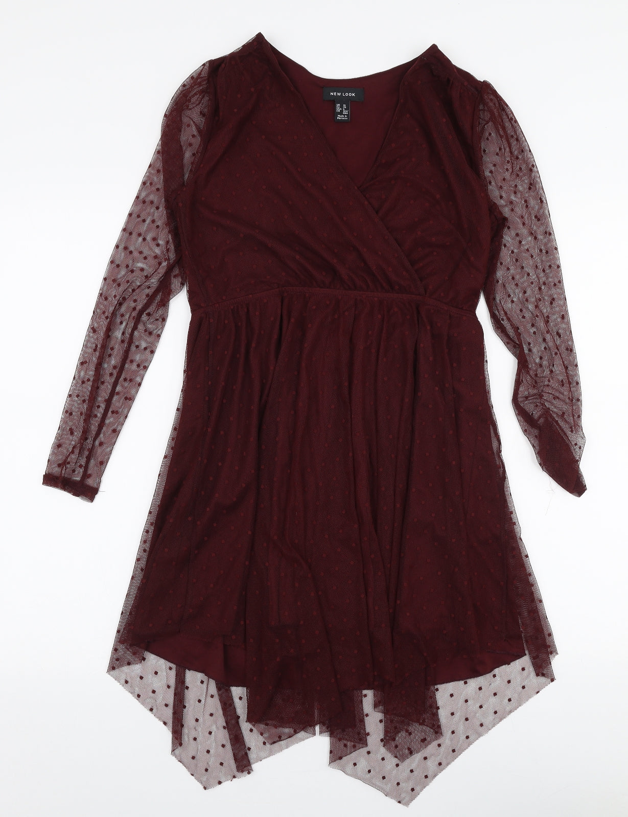 New Look Womens Red Polka Dot Nylon Skater Dress  Size 10  V-Neck Pullover