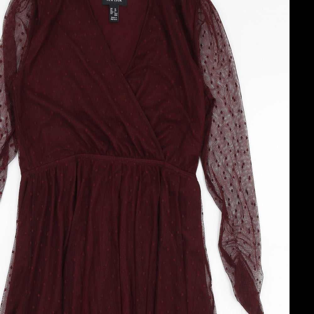 New Look Womens Red Polka Dot Nylon Skater Dress  Size 10  V-Neck Pullover
