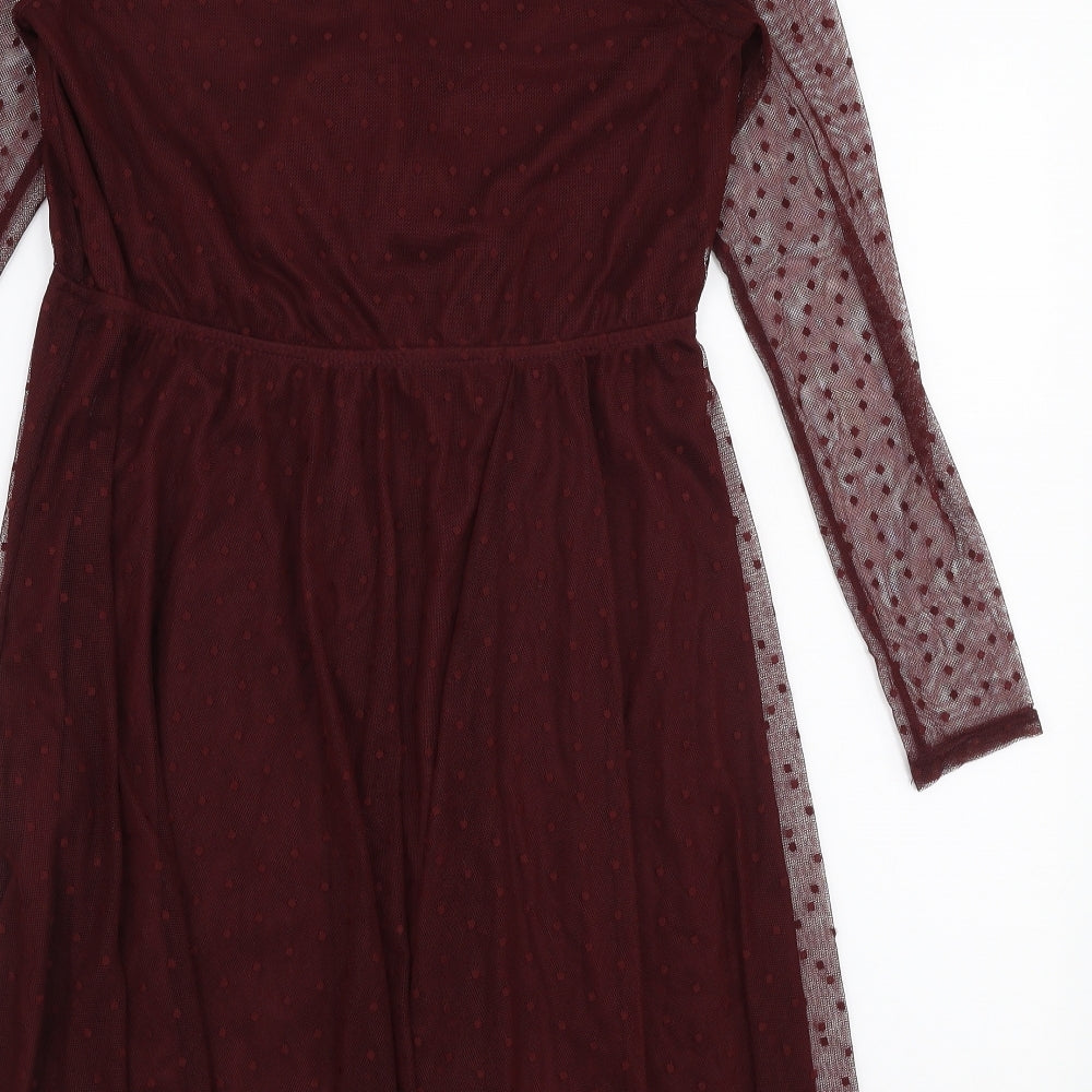 New Look Womens Red Polka Dot Nylon Skater Dress  Size 10  V-Neck Pullover