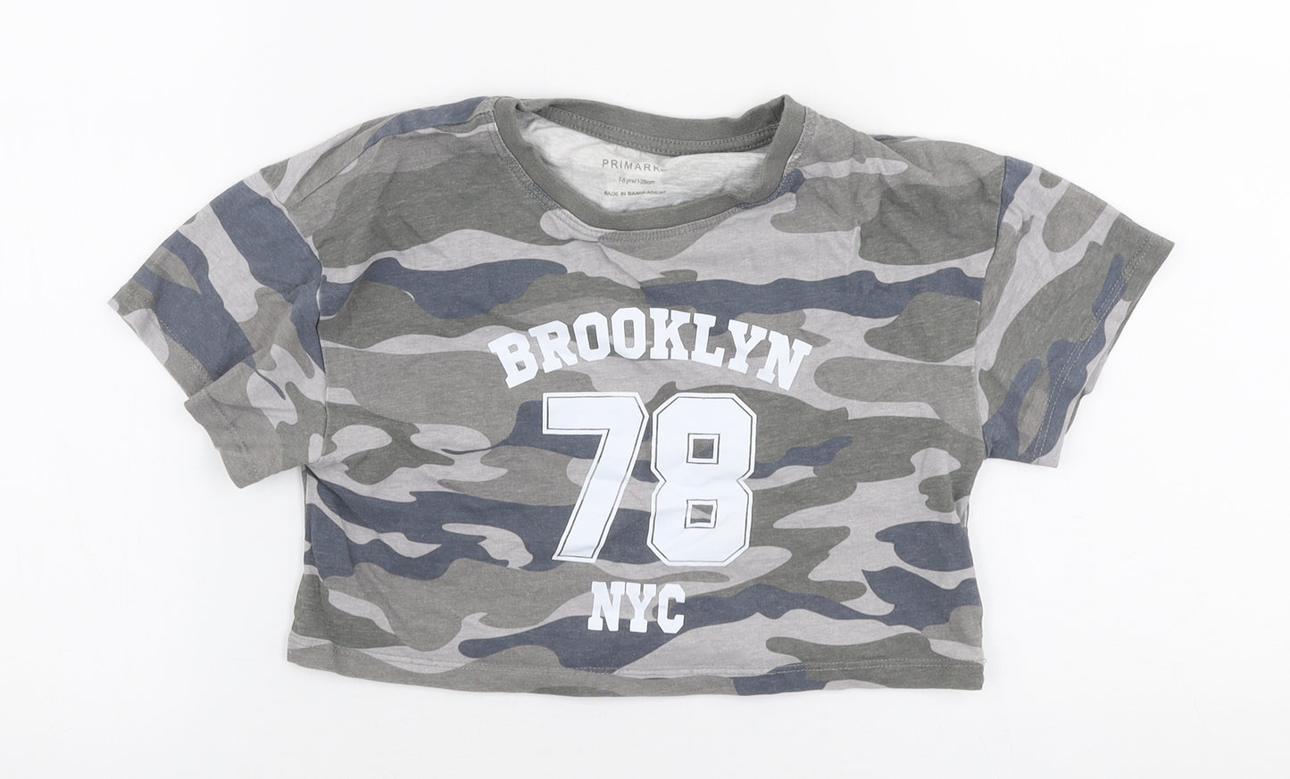 Primark Girls Green Camouflage 100% Cotton Cropped T-Shirt Size 7-8 Years Round Neck Pullover - Brooklyn