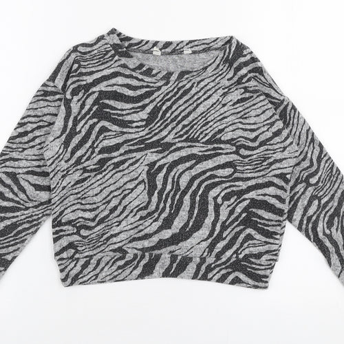 Miss Evie Girls Grey Round Neck Animal Print Polyester Pullover Jumper Size 7-8 Years  Pullover
