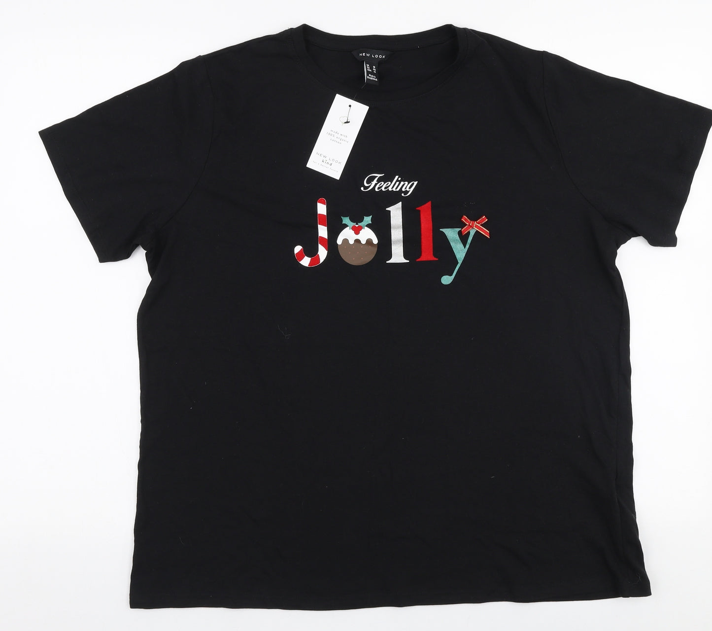 New Look Womens Black  100% Cotton Jersey T-Shirt Size 18 Round Neck - Christmas Feeling jolly