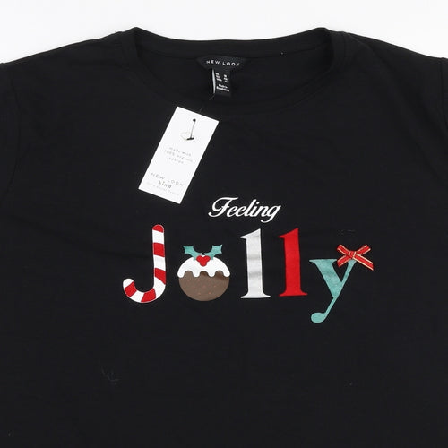 New Look Womens Black  100% Cotton Jersey T-Shirt Size 18 Round Neck - Christmas Feeling jolly