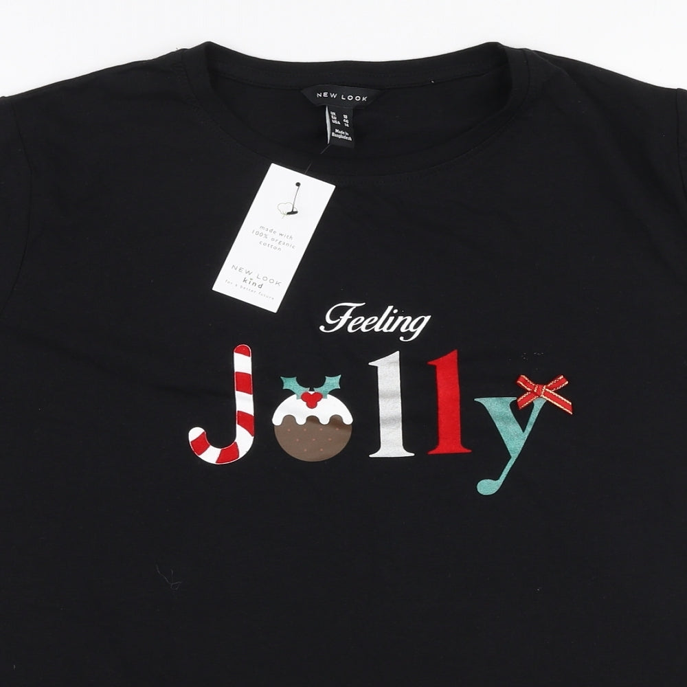 New Look Womens Black  100% Cotton Jersey T-Shirt Size 18 Round Neck - Christmas Feeling jolly