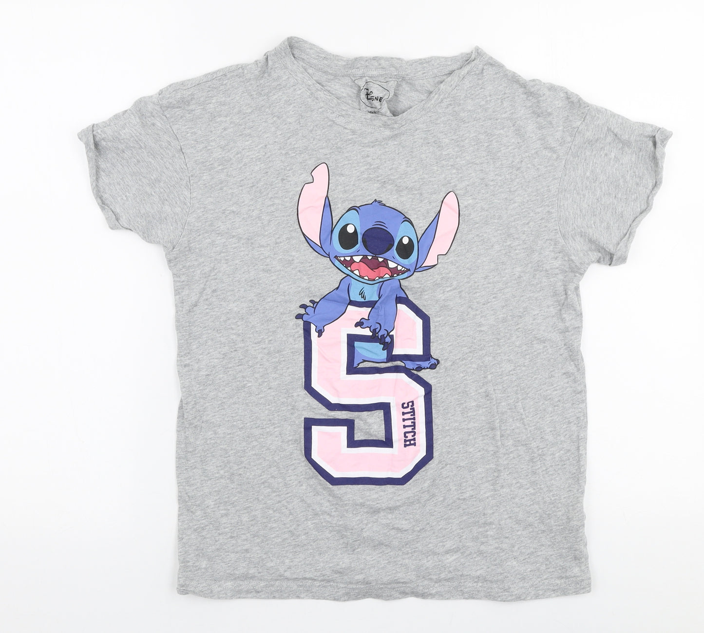 Primark Womens Grey  100% Cotton Jersey T-Shirt Size 10 Round Neck - Disney Stitch