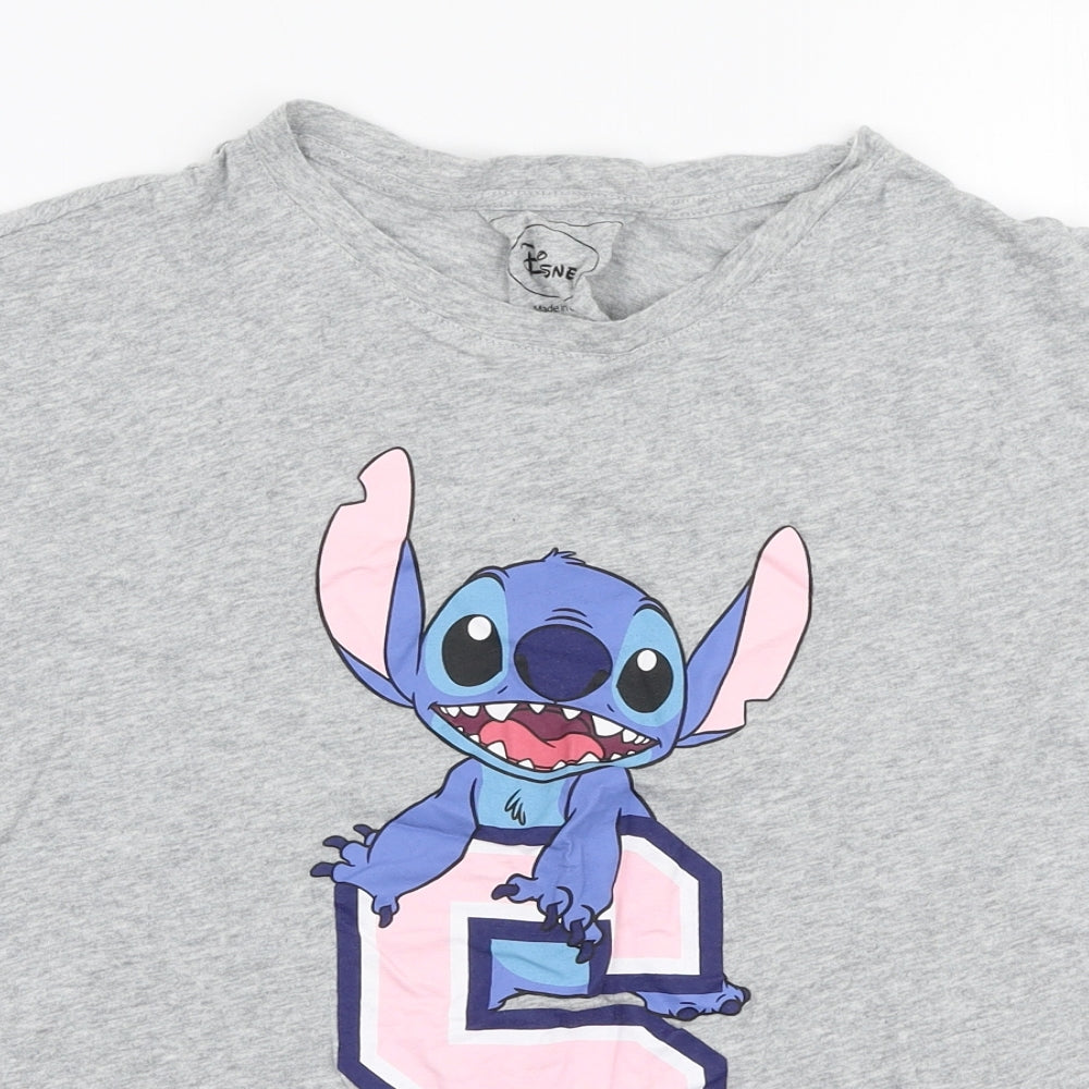 Primark Womens Grey  100% Cotton Jersey T-Shirt Size 10 Round Neck - Disney Stitch