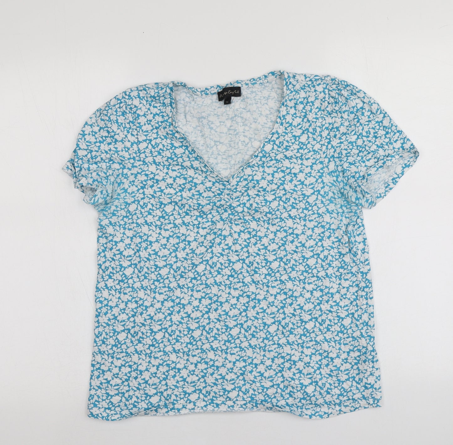 Phase Eight Womens Blue Floral 100% Cotton Basic T-Shirt Size 12 V-Neck
