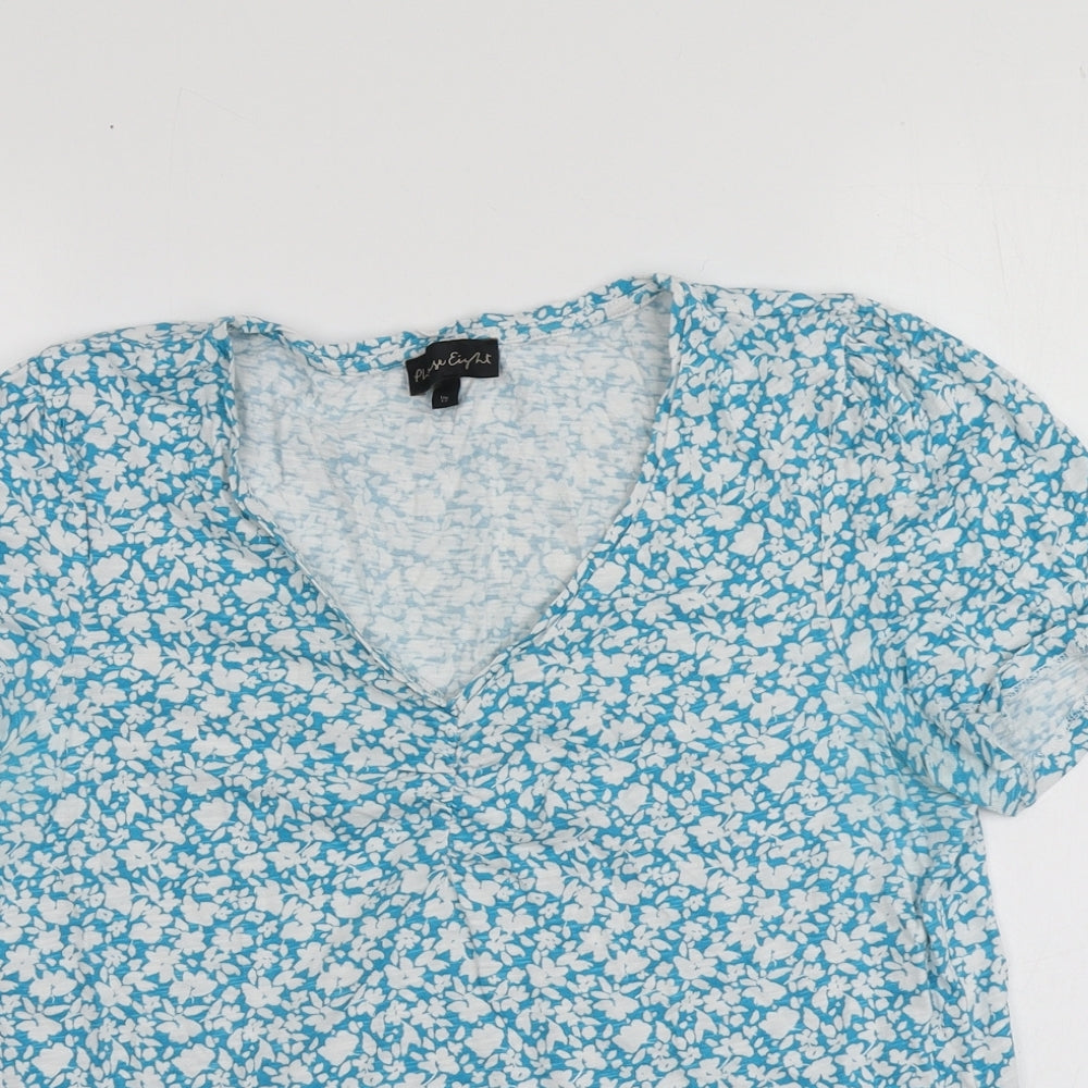 Phase Eight Womens Blue Floral 100% Cotton Basic T-Shirt Size 12 V-Neck