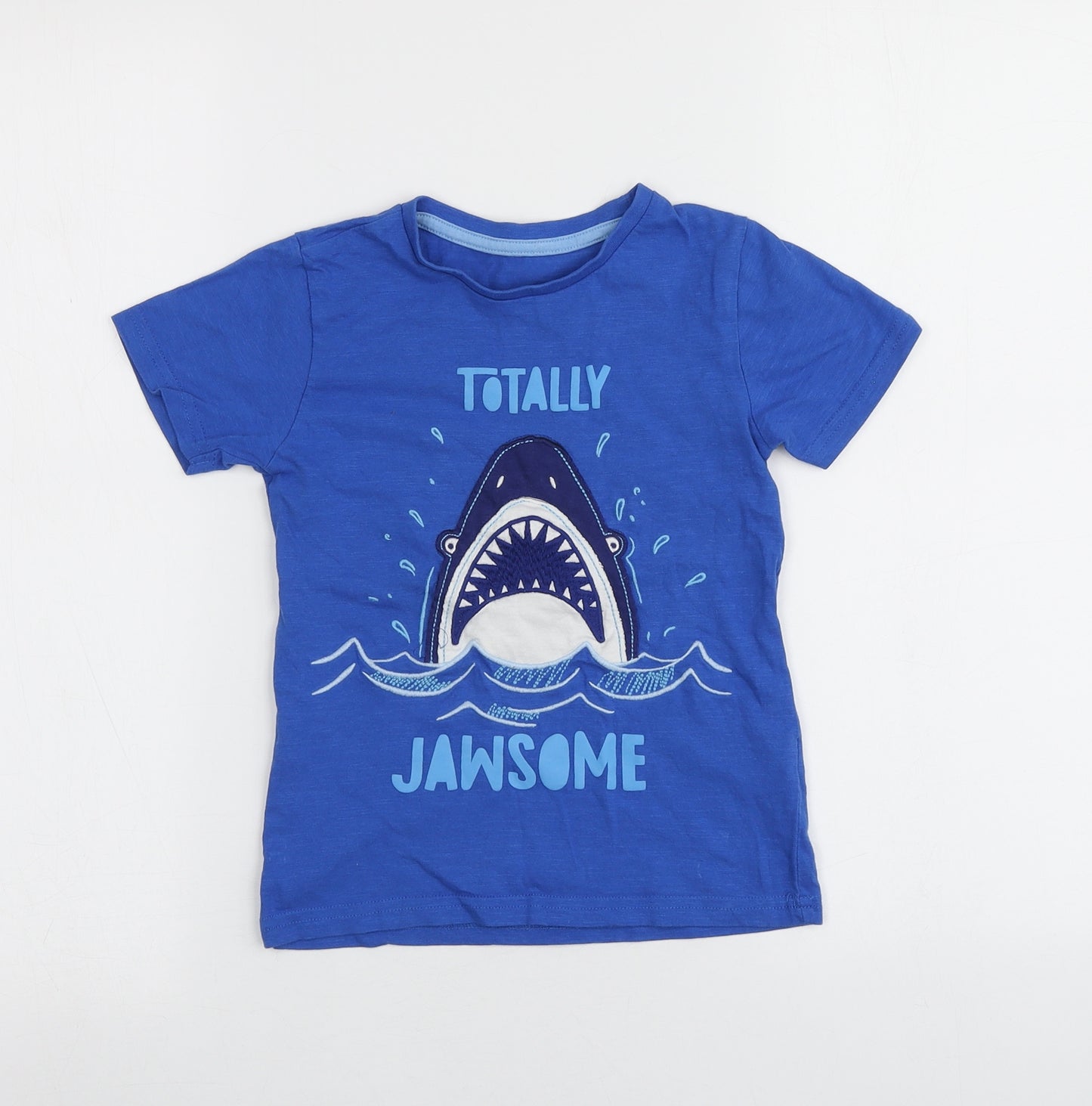 Dunnes Stores Boys Blue Geometric 100% Cotton Basic T-Shirt Size 4-5 Years Round Neck  - Shark pattern