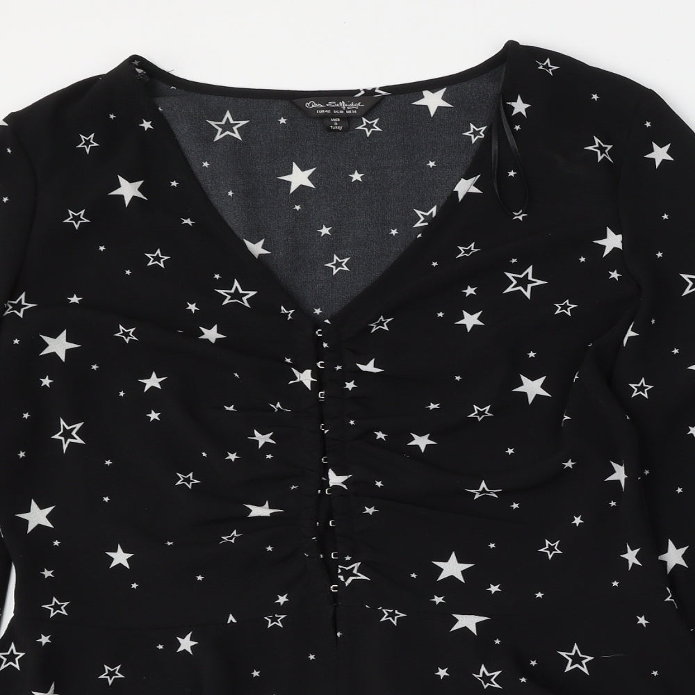 Miss Selfridge Womens Black Geometric Polyester Basic Blouse Size 14 Round Neck