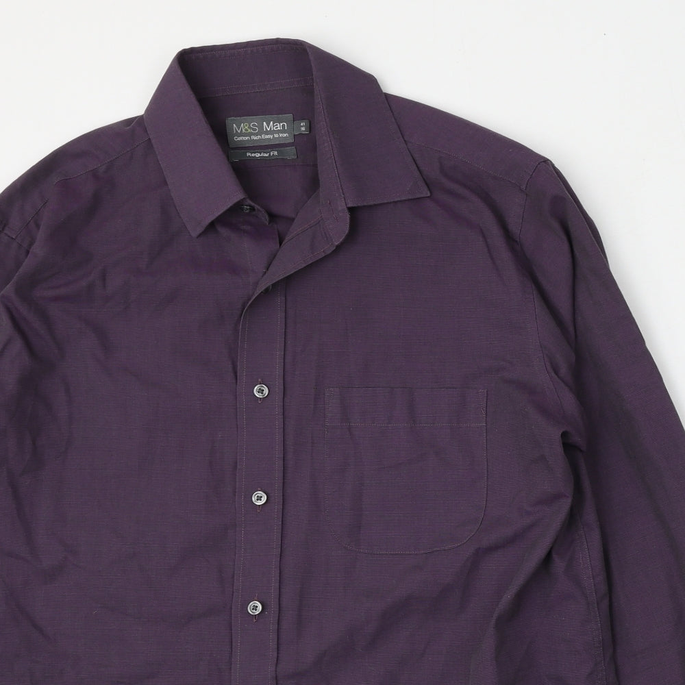Marks and Spencer Mens Purple  Cotton  Dress Shirt Size 16 Collared Button