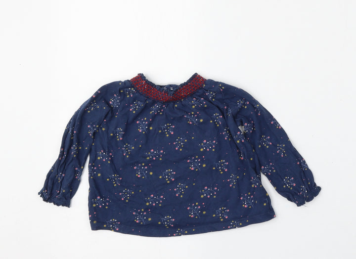 F&F Girls Blue Floral Cotton Basic T-Shirt Size 9-12 Months Round Neck