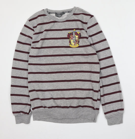 Front view of Primark women’s grey striped polyester pullover sweatshirt, size UK 4