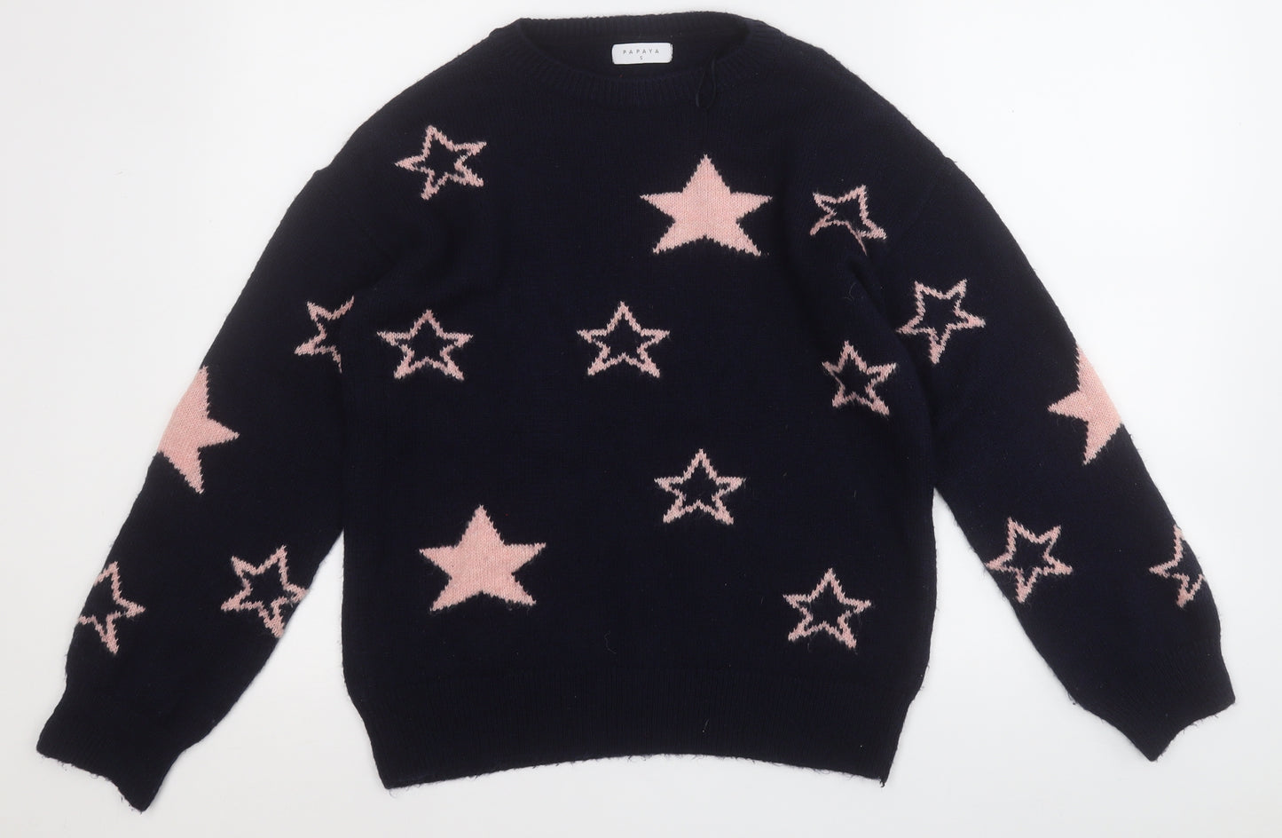 Papaya Womens Blue Round Neck Geometric Acrylic Pullover Jumper Size S   - Star