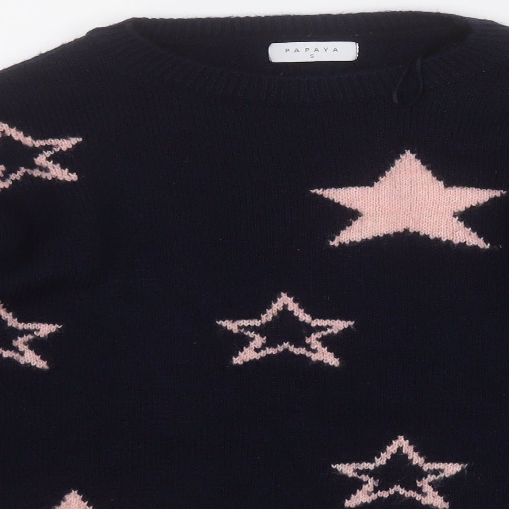 Papaya Womens Blue Round Neck Geometric Acrylic Pullover Jumper Size S   - Star
