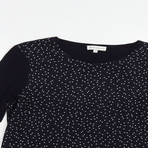 Warehouse Womens Blue Crew Neck Polka Dot Cotton Pullover Jumper Size 10