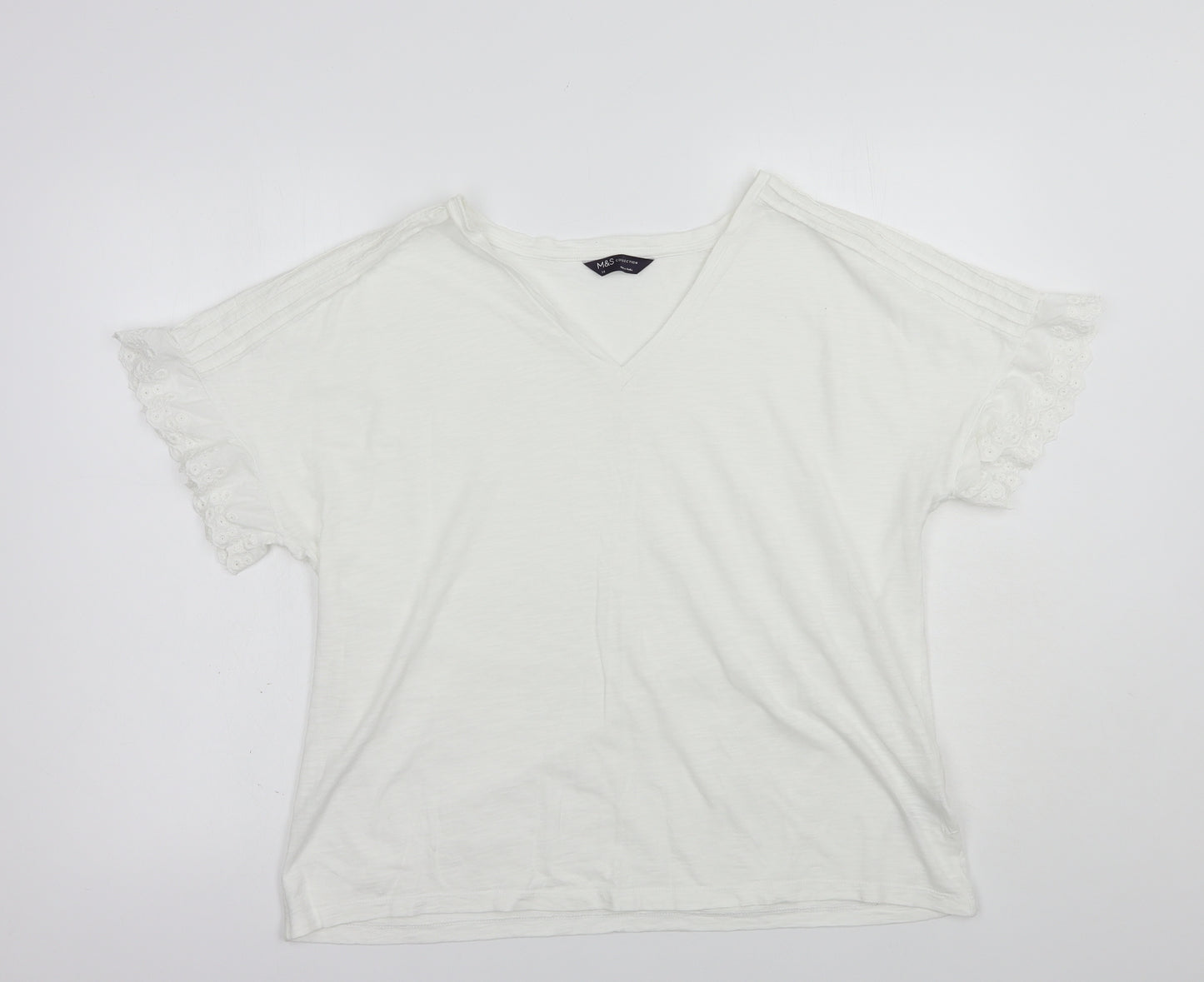 Marks and Spencer Womens White  Cotton Basic T-Shirt Size 14 V-Neck