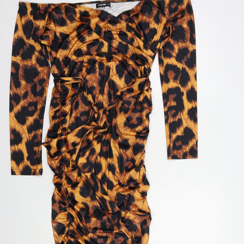 CHICME Womens Orange Animal Print Cotton Bodycon  Size XL  Off the Shoulder Pullover