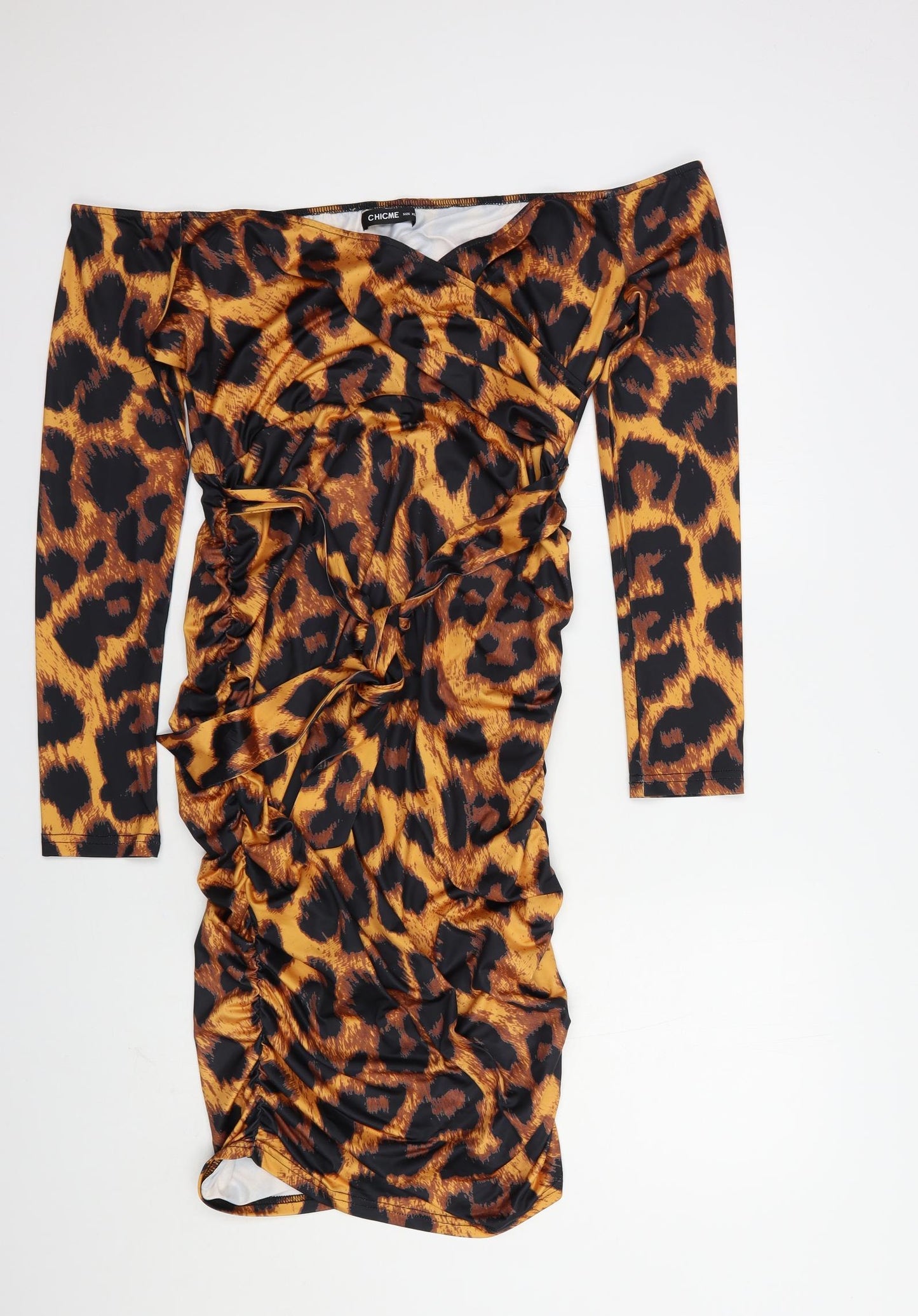 CHICME Womens Orange Animal Print Cotton Bodycon  Size XL  Off the Shoulder Pullover
