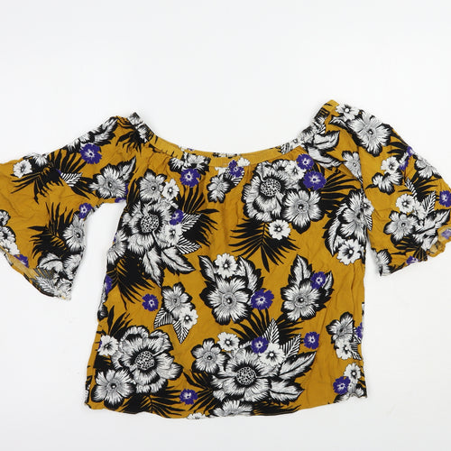 Papaya Womens Yellow Floral Viscose Basic Blouse Size 10 Off the Shoulder