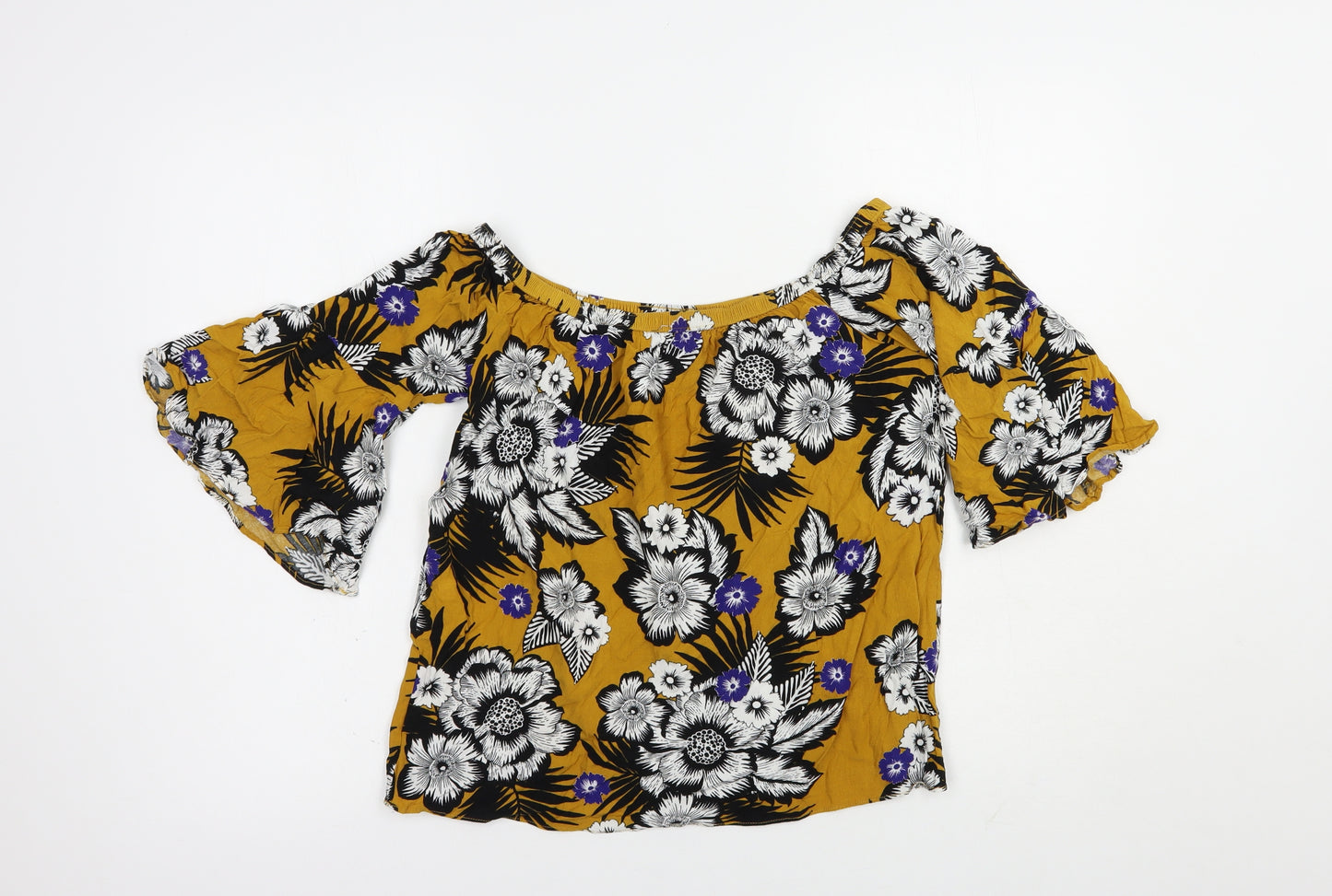 Papaya Womens Yellow Floral Viscose Basic Blouse Size 10 Off the Shoulder