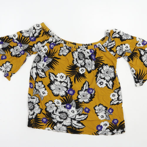 Papaya Womens Yellow Floral Viscose Basic Blouse Size 10 Off the Shoulder