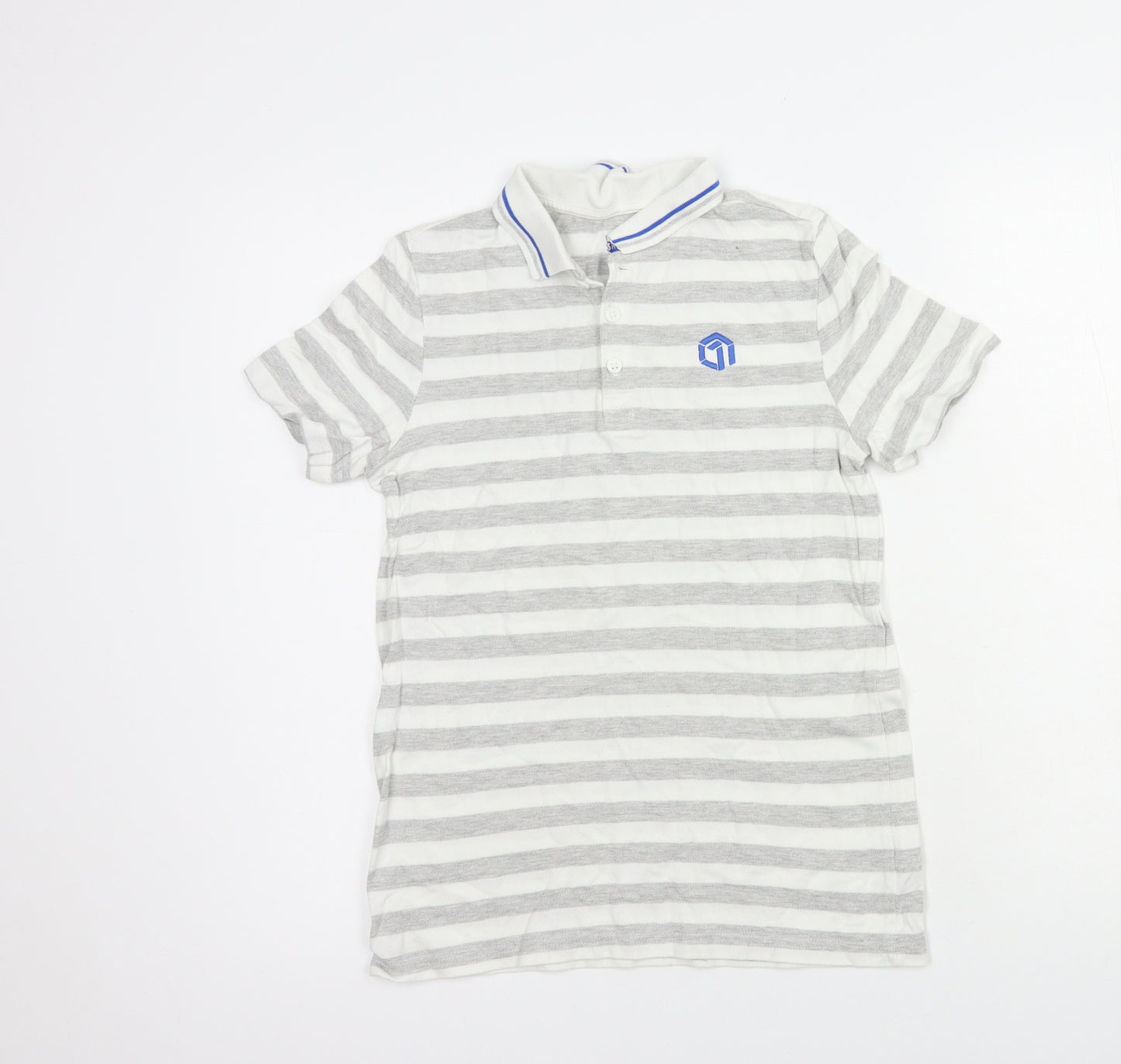 F&F Boys Grey Striped Cotton Pullover Polo Size 11-12 Years Collared Button