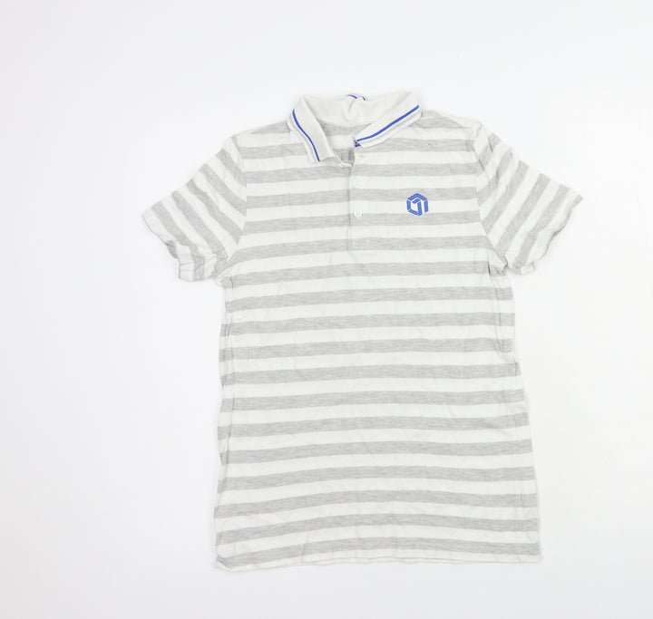 F&F Boys Grey Striped Cotton Pullover Polo Size 11-12 Years Collared Button