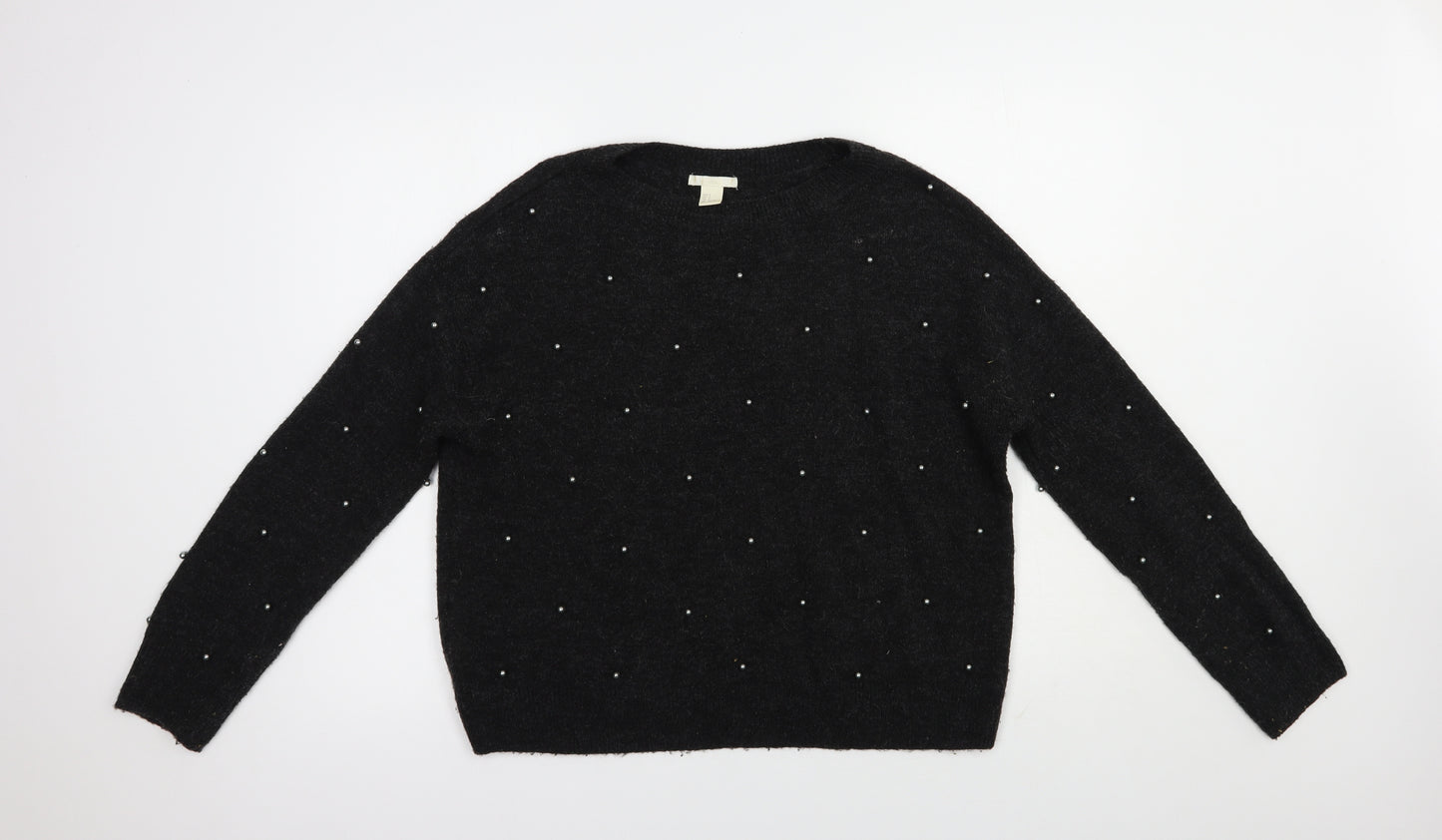H&M Womens Grey Boat Neck  Acrylic Pullover Jumper Size S