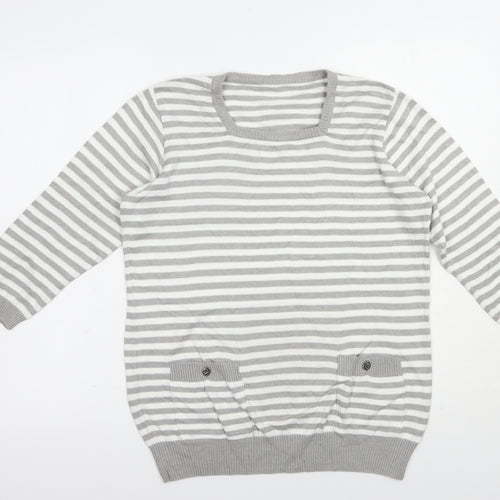 Preworn Womens Grey Square Neck Striped Cotton Pullover Jumper Size M