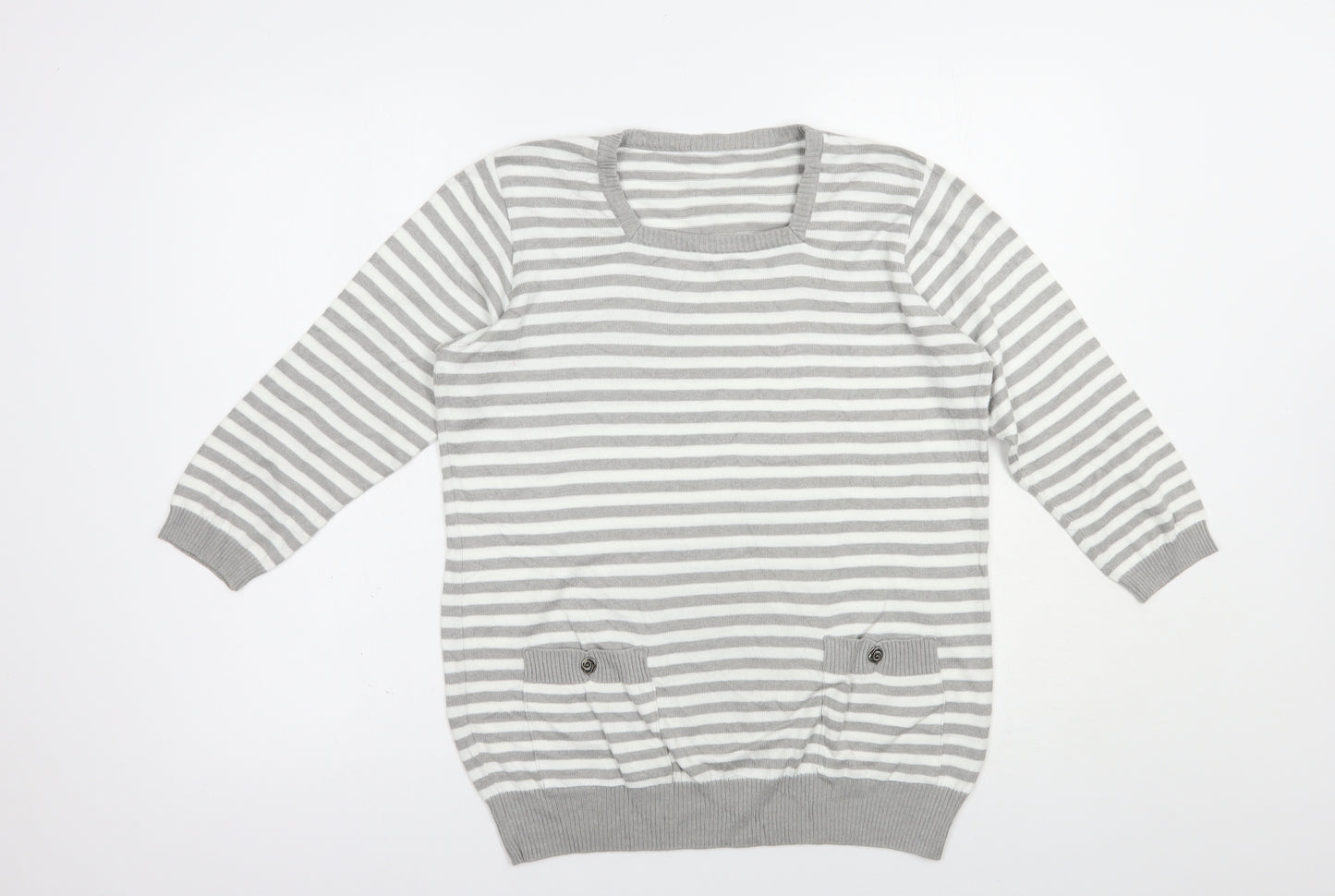 Preworn Womens Grey Square Neck Striped Cotton Pullover Jumper Size M