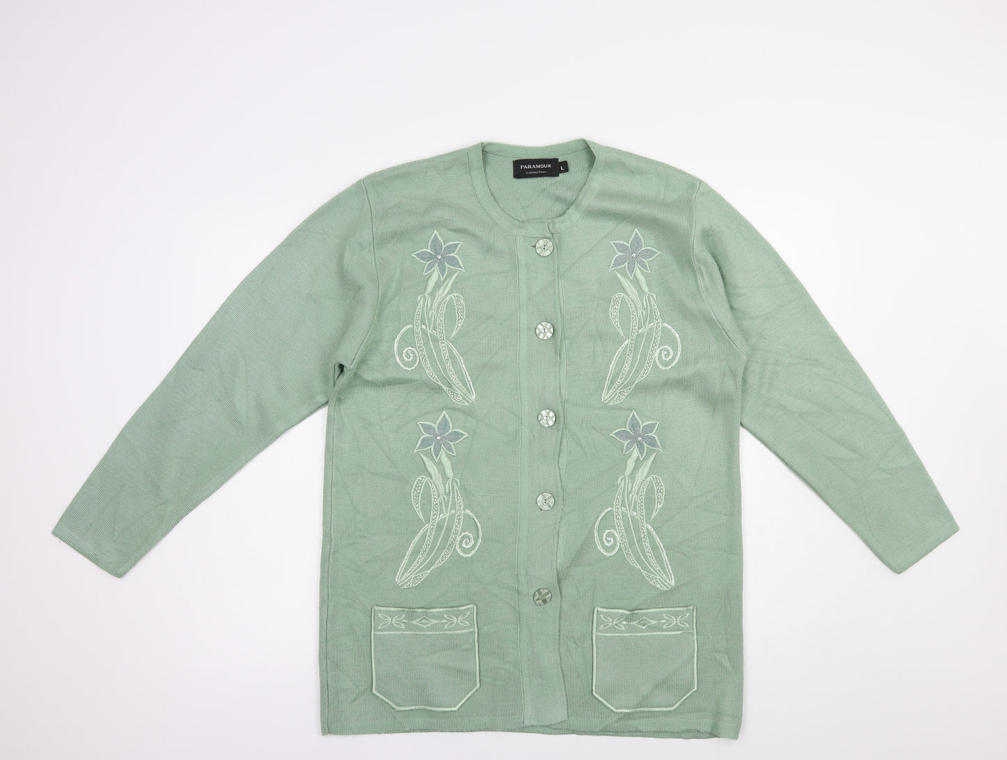 Paramour Womens Green Crew Neck  Acrylic Cardigan Jumper Size L