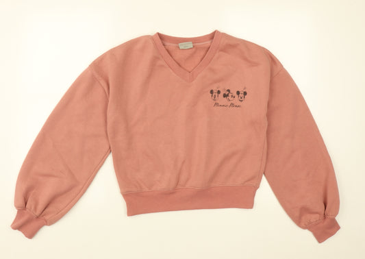 Front view of Primark women’s pink v-neck polyester jumper, size XS, - minnie mouse