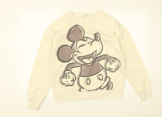 Front view of Primark women’s white round neck polyester jumper, size XS, - disney mickey mouse